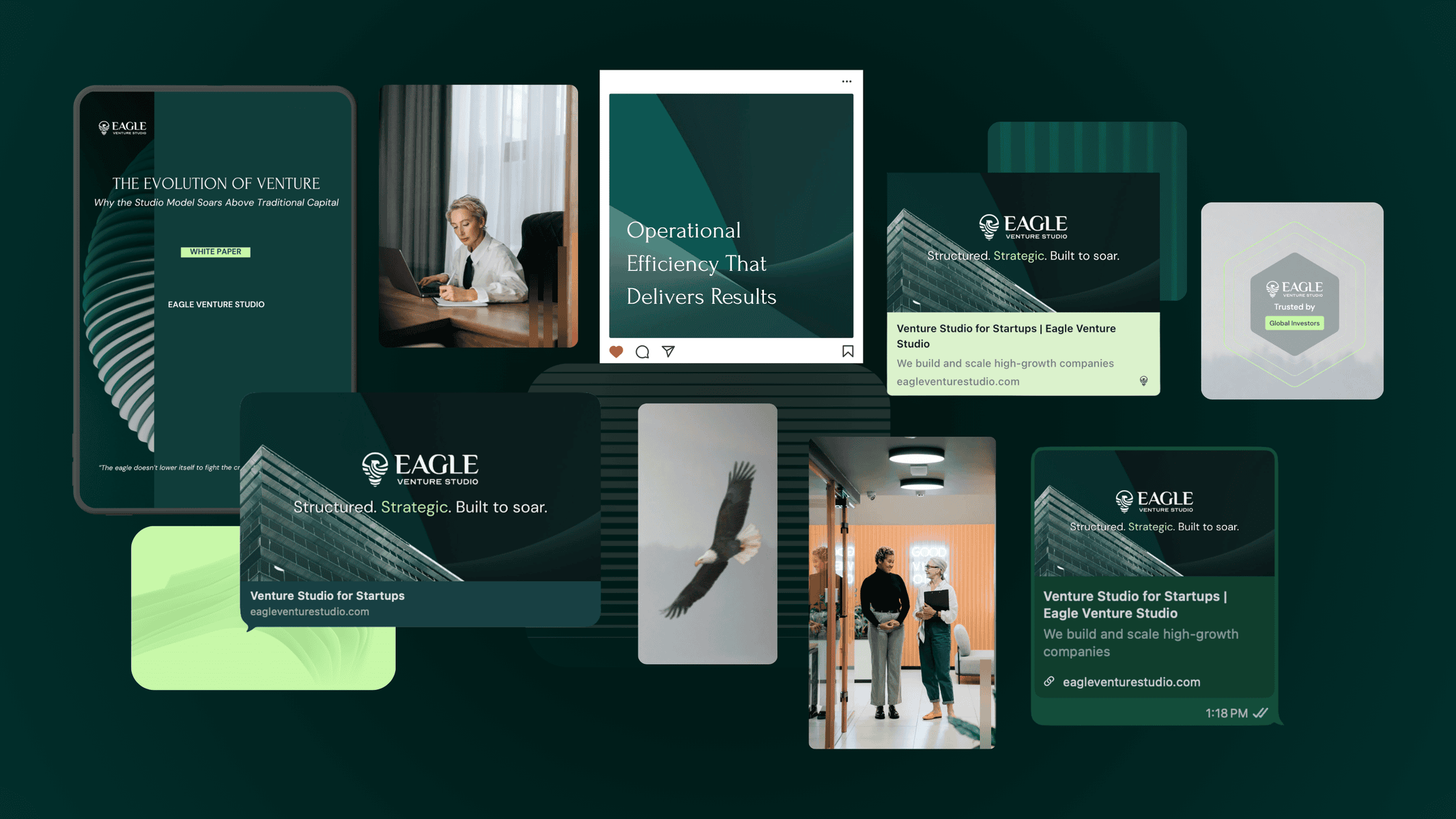 Eagle Venture Studio team at launch event, strategic planning session, and networking.