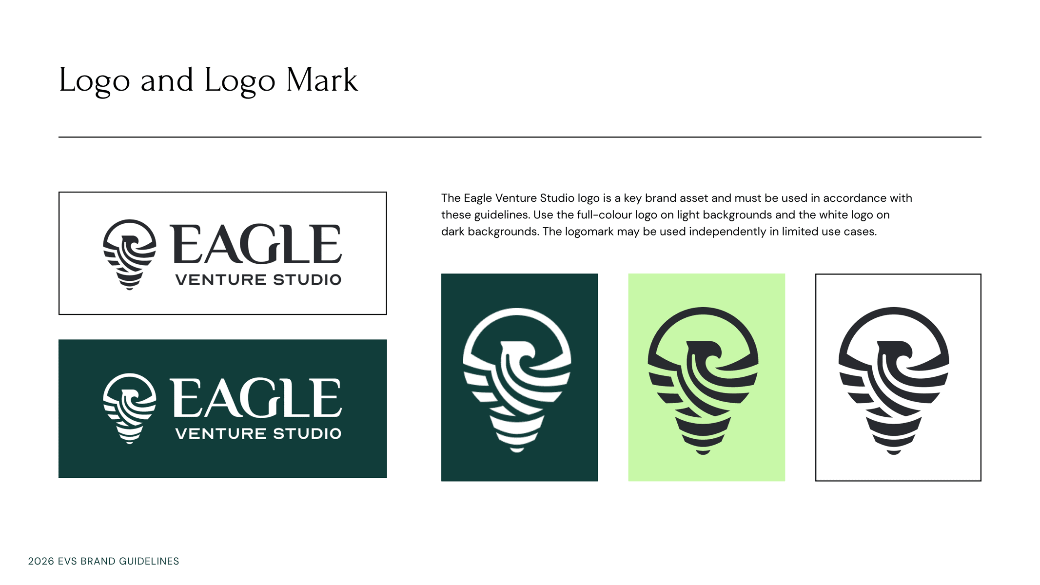 Eagle Venture Studio logo with different color variations and mark.