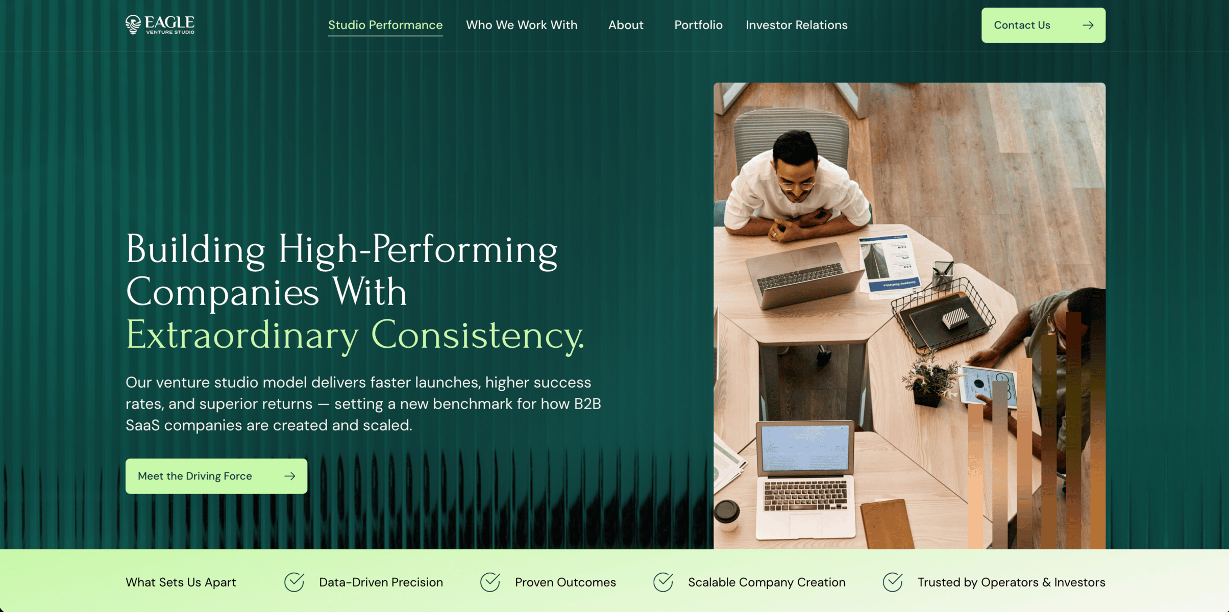 Business team collaborating on strategy at a modern office table.